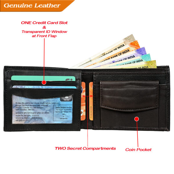 Close-up of wallet compartments with Indian currency